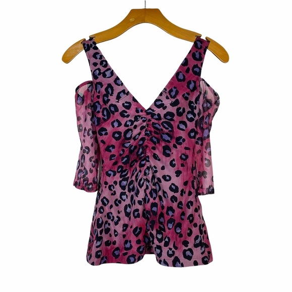 MARK WONG Nark Pink Animal Print Cold Shoulder Stretchy Top size Small - Picture 1 of 6